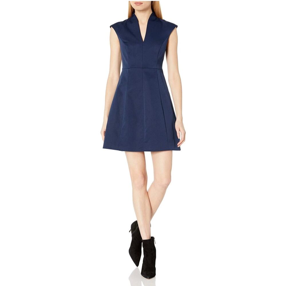 Halston Heritage A-line Cap Sleeve Slit Neck Cocktail Dress Navy Size 4